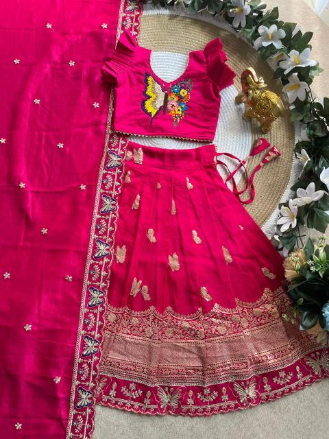 Butterfly Buff Lehengha-Choli Dupatta Vichitra Silk Pink Children wear manufacturer in Kolkata - wholesale export